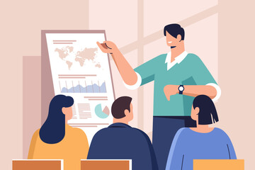 Businessman presenting report for businesspeople at conference, meeting business, presentation concept. Vector illustration.	