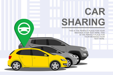 car sharing banner with auto. automobile concept on city background. rental auto. rent service and carpooling. vector Illustration 10 eps