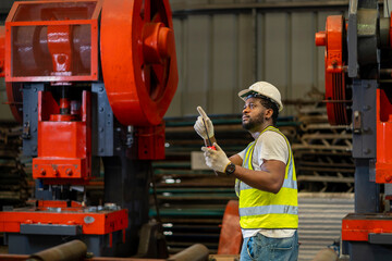 African American industrial worker is using walkie talkie while working inside the metal sheet...