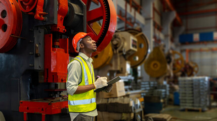 African American industrial worker is using clipboard to take note while inspecting inside the metal sheet galvanized roof factory for safety industry and quality control concept