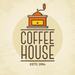 Coffee house logo with coffee machine color style isolated on background for cafe, shop. Vector design elements, logos, identity, labels, badges and other branding objects. Vector illustration.