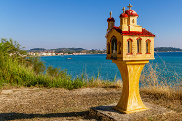 Fourka, Greece, July 10, 2022. Small chapel along the road to remember a car accident.