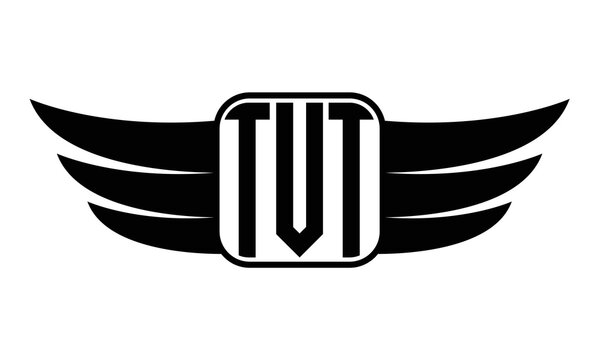 TVT three Letter wing minimalist creative concept icon eagle symbol professional black and white logo design, Vector template