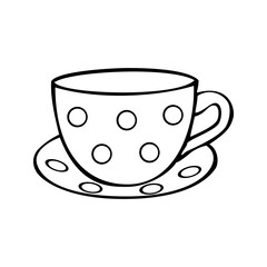 Monochrome picture, large ceramic cup with round pattern and saucer, vector illustration