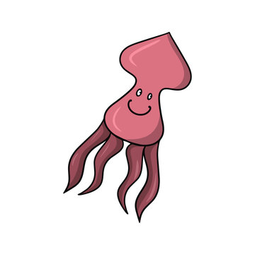 The character Red squid swims, sea life, vector illustration in cartoon style