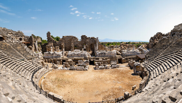 Close up photo of Amphi theatre in Side ancient city in Manavgat, Antalya.