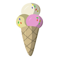 Delicious round vanilla and fruit ice cream in a waffle cup, cone, cartoon vector illustration , flat