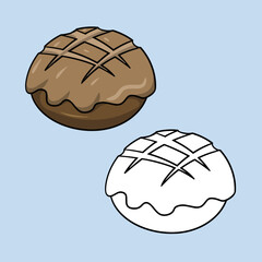 A set of pictures, Delicious baked pie with filling, round bread, vector illustration in cartoon style