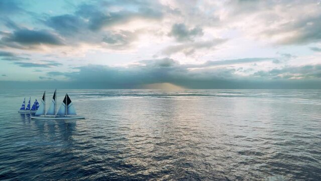 An Aerial View Over Multiple Sailboats On The Ocean Waves.