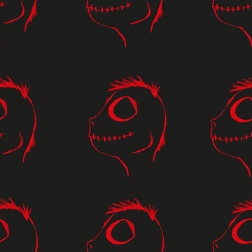 A drawing of a scary boy with sewn mouth. Pattern of kid from a horror movie. Beautiful and horror blood neon halloween background.  Halloween concept.