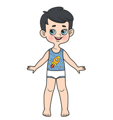 Cute cartoon boy with classic haircut dressed in underwear barefoot outline for coloring on a white background