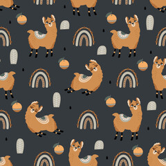 Fototapeta premium Seamless pattern with a cute Llama on a summer background. Vector illustration.