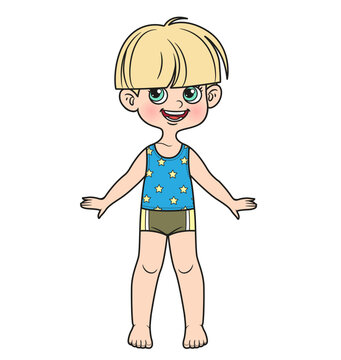 Cute cartoon pot-trimmed boy dressed in underwear barefoot color variation on a white background
