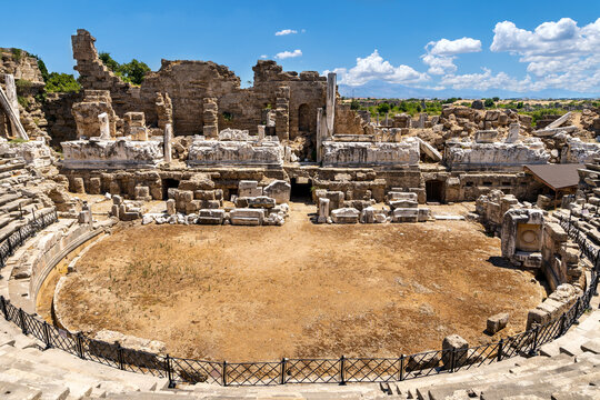 Close up photo of Amphi theatre in Side ancient city in Manavgat, Antalya.