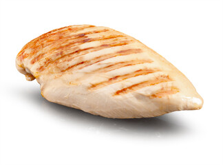 Pechuga de pollo a entera hecha a la plancha sobre fondo blanco. Grilled whole chicken breast on white background.