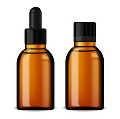 Cosmetics oil bottle set, Glass bottle cosmetic with dropper. Liquid essential, eucalyptus serum and organic aroma oil for beauty isolated on white background.