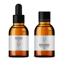 Cosmetics oil bottle set, Glass bottle cosmetic with dropper. Liquid essential, eucalyptus serum and organic aroma oil for beauty isolated on white background.