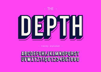 Vector depth trendy alphabet 3d bold modern typography for logo, decoration, party poster, t shirt, book, greeting card, sale banner, printing on fabric. Cool font. Trendy typeface. 10 eps
