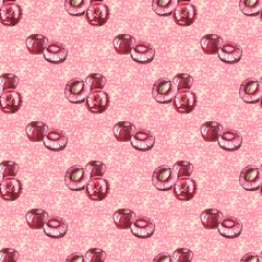 Watercolor cherry pattern for decorating kitchen textiles, fabrics, chairs, gift products, packaging, etc. Berry pattern.