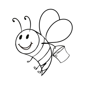 Monochrome picture, A bee carrying a bucket of honey, vector illustration in cartoon style