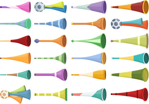 Vuvuzela icons set cartoon vector. South Africa. Soccer horn