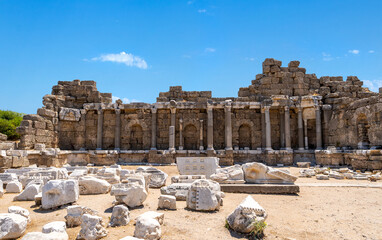 Close up photo of state agora in Side ancient city in Manavgat, Antalya.