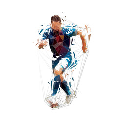 Soccer player running with ball, low poly vector illustration. Front view, isolated geometric vector drawing from triangles. Football