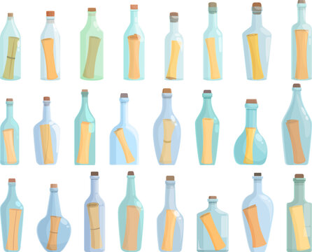 Message in the bottle icons set cartoon vector. Paper cork. Sea glass