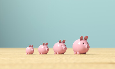 Four pink piggy banks on a wooden surface. Illustration for business ideas. 3d render.