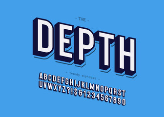 Vector depth font for logo, decoration, party poster, t shirt, book, greeting card, sale banner, printing on fabric. Cool bold 3d modern typography alphabet. Trendy typeface. 10 eps