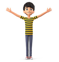 Guy cartoon character in a striped t-shirt isolated on a white background with his hands up. 3d rendering illustration.