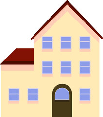 Vector simple drawing of a beautiful house. Multi-storey building. House icon with windows and door for print and web.