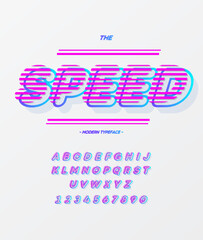Obraz premium Speed alpabet on white background. Font modern colorful style for t shirt, animation, video, poster, printing, decoration. Cool typeface trend typography. Vector Illustration 10 eps