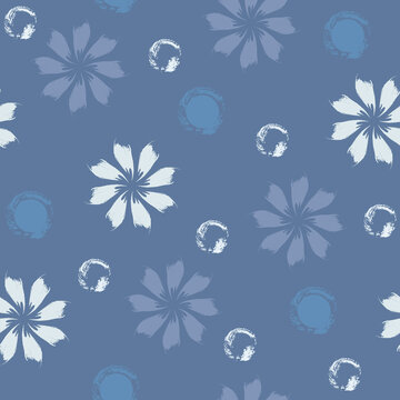 Hand-drawn seamless pattern with floral print. Abstract white and light purple flowers on a blue-violet background. Vector pattern for printing on fabric, gift wrapping, covers, wallpapers.