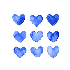 Blue watercolor vector hearts set
