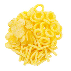 Yellow snacks for beer, corn and potato chips on a white background.