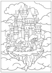 Coloring book of outline landscape with a castle. Educational kids activity page and worksheet with fairy tale. Cartoon Isolated vector illustration.