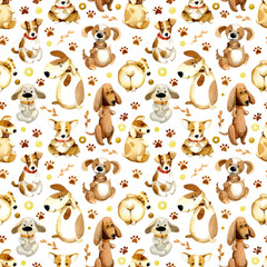 Watercolor cute animals. Seamless pattern. Cute puppies, footprints and plant twigs, isolated on a white background. - 519337505