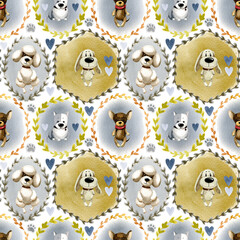 Watercolor cute animals. Seamless pattern. Portraits of dogs in floral frames with a watercolor background a cute little hearts and plants. - 519337507