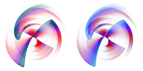Obraz premium Abstract propellers with red, blue and magenta stripes rotate rapidly on a white background. Set. Icon, logo, symbol, sign. 3d rendering. 3d illustration.
