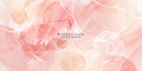 Obraz premium Rose pink liquid watercolor background with golden dots. Dusty blush marble alcohol ink drawing effect. Vector illustration design template for wedding invitation, menu, rsvp
