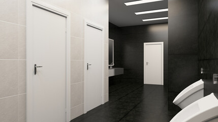 Spacious bathroom in gray tones with heated floors, freestanding tub. 3D rendering.