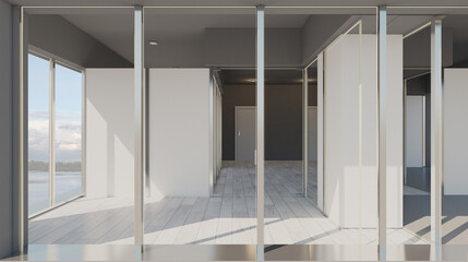 . Open space office interior with like conference room. Mockup. 3D rendering.