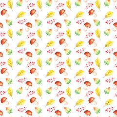 Watercolor seamless pattern with autumn leaves, berries, mushrooms on a white background.