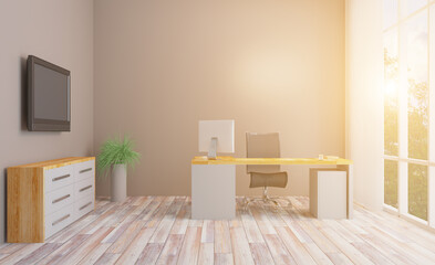 Elegant office interior. Mixed media. 3D rendering.. Sunset.. Sunset.