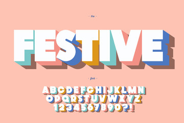 Festive font 3d bold style cute color for summer party poster, t shirt, flier, decoration, card, sale banner, printing on fabric, industrial. Cool typeface. Trendy alphabet. Vector 10 eps