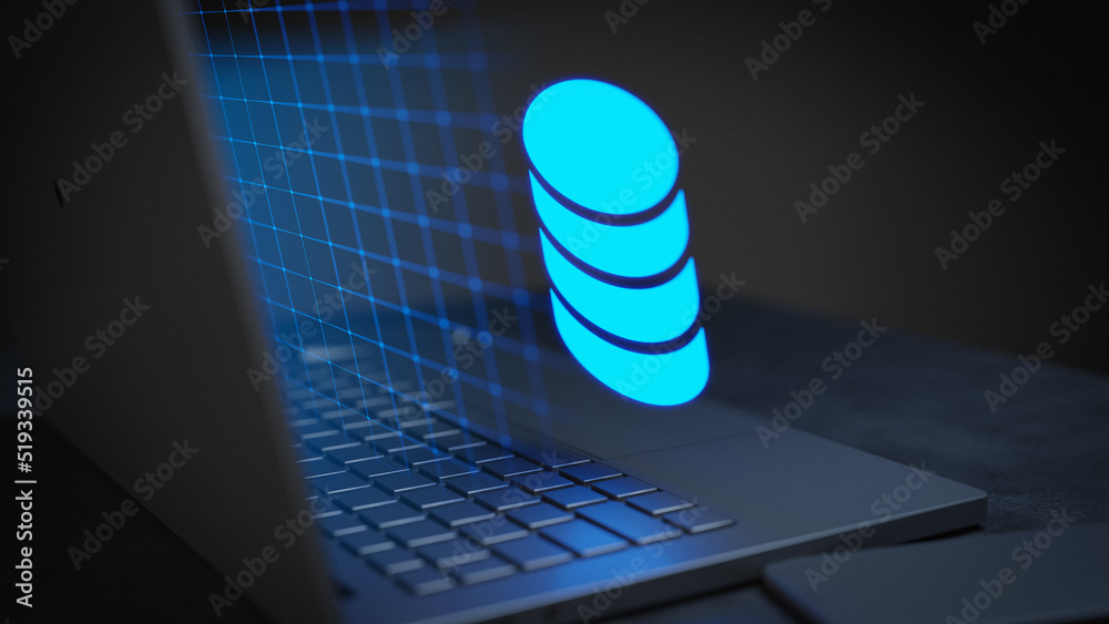 Wall mural server technology background laptop computer with virtual screen glowing like hologram 3d render