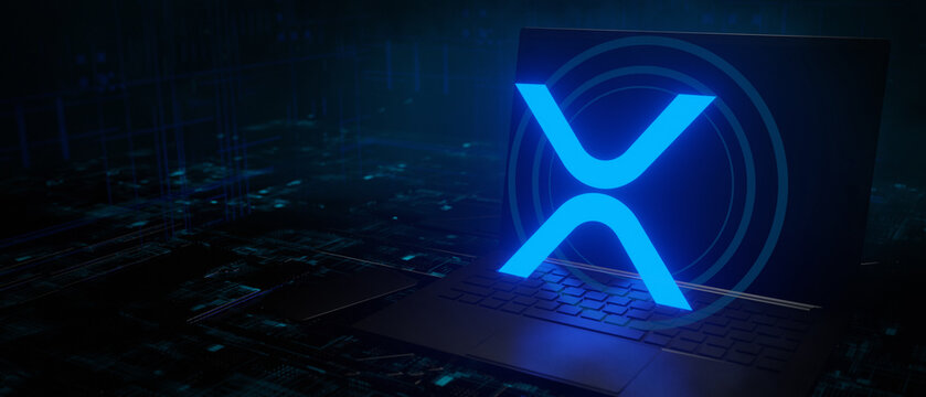 Ripple XRP crypto currency theme concept. Ripple or XRP icon on modern laptop technology background 3D Render Illustration