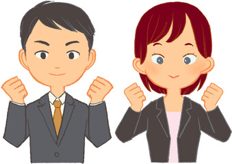 両手ガッツポーズでやる気あふれる男女会社員