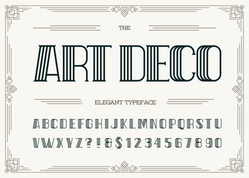 Art deco elegant typeface. Retro font sans serif style for party poster, printing on fabric, t shirt, promotion, decoration, stamp, label. Cool bold modern alphabet vintage typography. Vector 10 eps